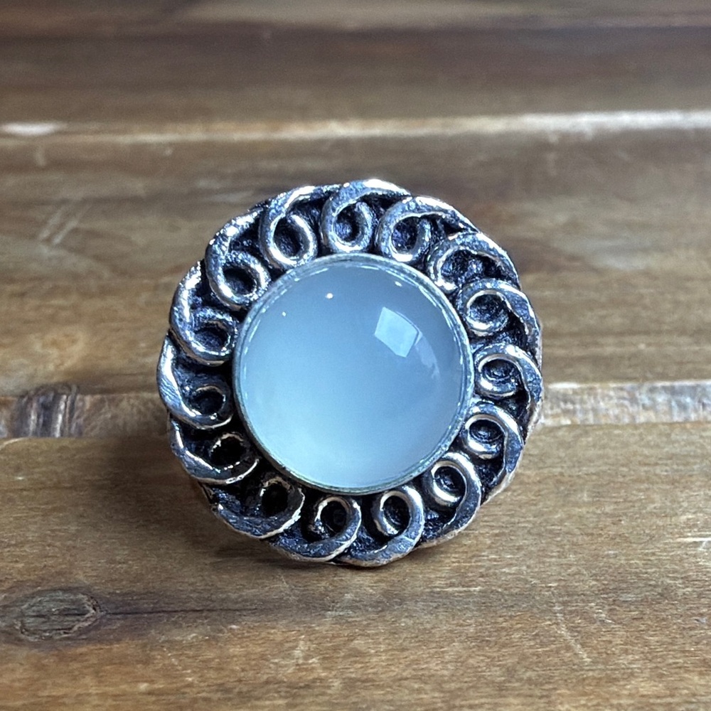 Vintage Style Blue Chalcedony Gemstone Ring Size 6.5 Silver 925 Bohemian Boho